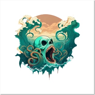 sea ​​kraken skull covering itself between waves, colorfull Posters and Art